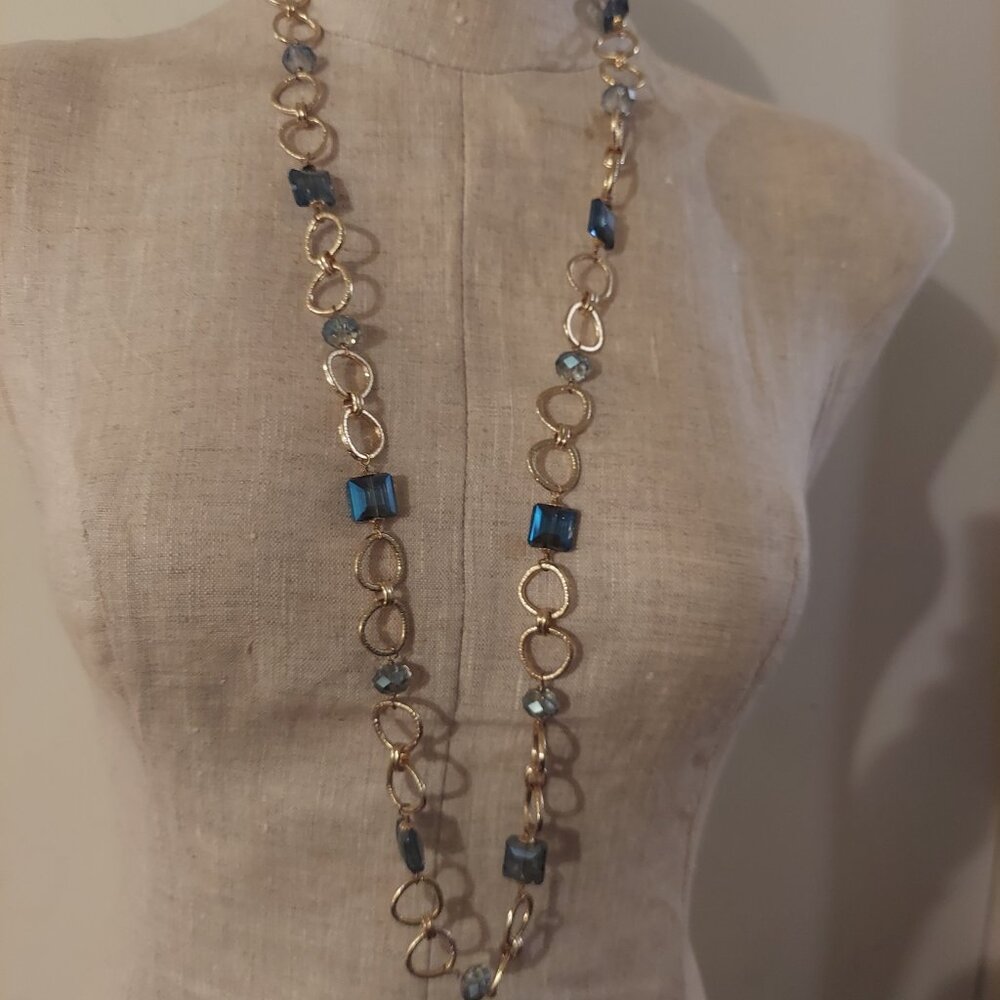 Gold Tone Chain Necklace with Blue Accents